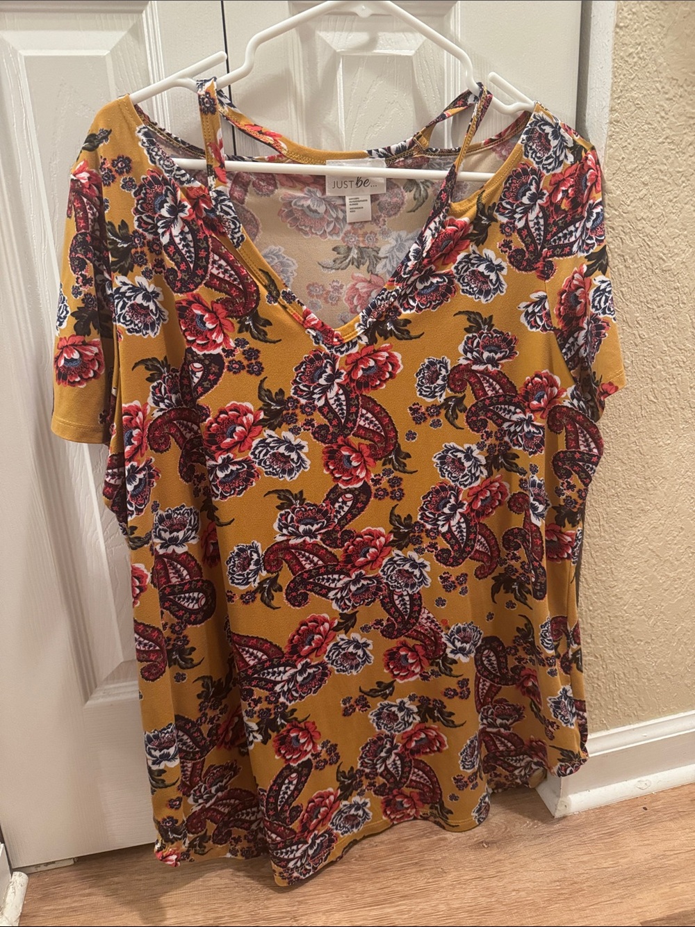just be Mustard Floral Paisley Cold-Shoulder V-Neck Top